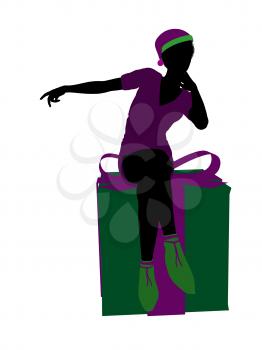 Royalty Free Clipart Image of an Elf on a Christmas Box