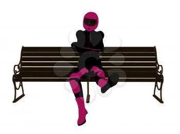 Royalty Free Clipart Image of a Motorcyclist on a Bench