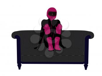 Royalty Free Clipart Image of a Female Motorcyclist on a Couch