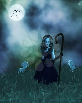 Royalty Free Clipart Image of a Shepherdess at Night