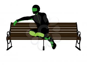 Royalty Free Clipart Image of a Motorcyclist on a Park Bench