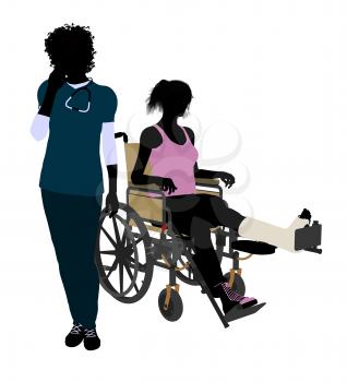 Royalty Free Clipart Image of a Nurse and Patient With a Broken Leg in a Wheelchair