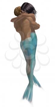 Royalty Free Clipart Image of a Mermaid and Merman Embracing