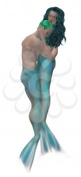 Royalty Free Clipart Image of a Mermaid and Merman Embracing