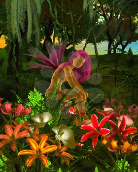 Royalty Free Clipart Image of a Fairy in a Garden