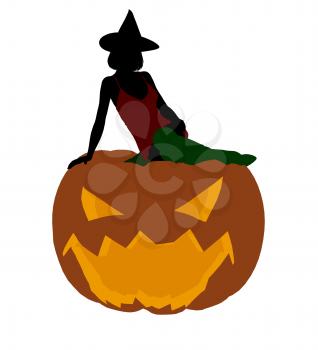 Royalty Free Clipart Image of a Witch on a Pumpkin