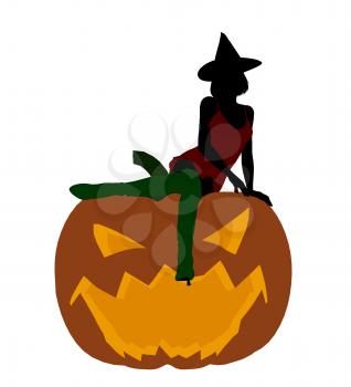 Royalty Free Clipart Image of a Witch on a Pumpkin