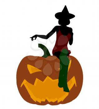 Royalty Free Clipart Image of a Witch on a Pumpkin