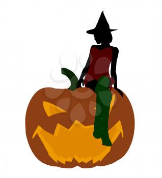 Royalty Free Clipart Image of a Witch on a Pumpkin