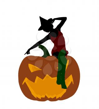 Royalty Free Clipart Image of a Witch on a Pumpkin