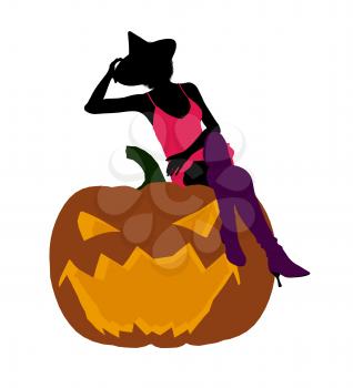 Royalty Free Clipart Image of a Woman in a Witch's Hat Sitting on a Pumpkin