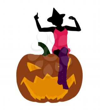 Royalty Free Clipart Image of a Woman in a Witch's Hat Sitting on a Pumpkin