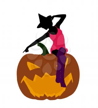 Royalty Free Clipart Image of a Woman in a Witch's Hat Sitting on a Pumpkin