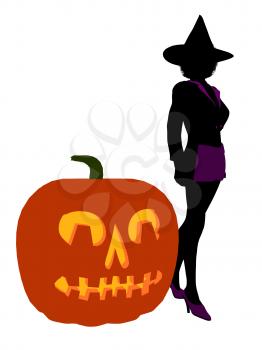 Royalty Free Clipart Image of a Witch and a Pumpkin