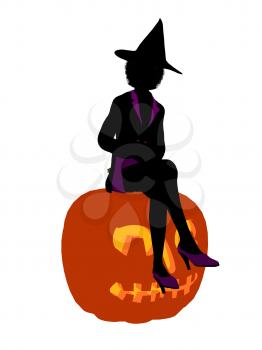 Royalty Free Clipart Image of a Witch and a Pumpkin