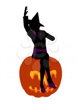 Royalty Free Clipart Image of a Witch and a Pumpkin