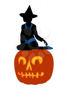 Royalty Free Clipart Image of a Witch on a Pumpkin