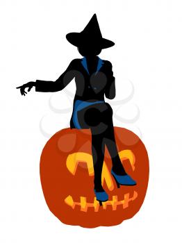 Royalty Free Clipart Image of a Witch on a Pumpkin