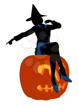 Royalty Free Clipart Image of a Witch on a Pumpkin