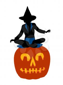 Royalty Free Clipart Image of a Witch on a Pumpkin