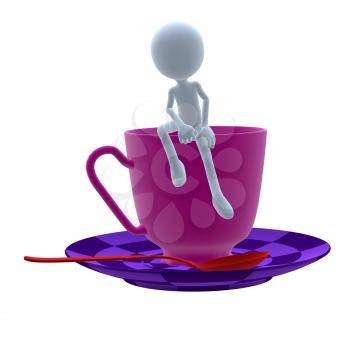 Royalty Free Clipart Image of a 3D Guy With a Teacup