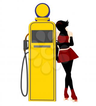 Royalty Free Clipart Image of a Girl in Roller Skates at a Gas Pump