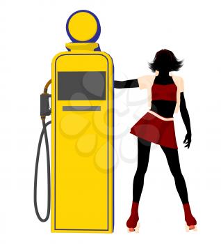 Royalty Free Clipart Image of a Girl in Roller Skates at a Gas Pump