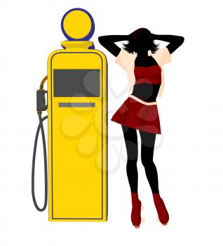 Royalty Free Clipart Image of a Girl in Roller Skates at a Gas Pump