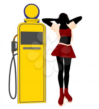 Royalty Free Clipart Image of a Girl in Roller Skates at a Gas Pump