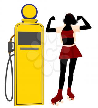 Royalty Free Clipart Image of a Girl in Roller Skates at a Gas Pump