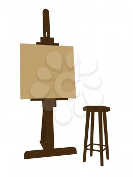 Blank canvas on an artist easel with a stool on a white background