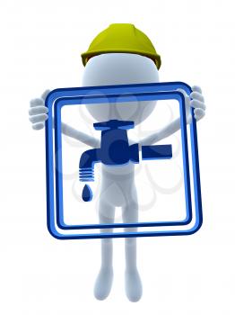 Royalty Free Clipart Image of a 3D Man in a Hardhat Holding a Sign With a Dripping Tap