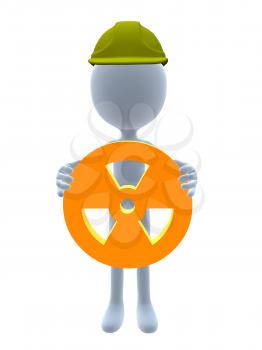 Royalty Free Clipart Image of a 3D Man in a Hardhat Holding a Hazard Sign