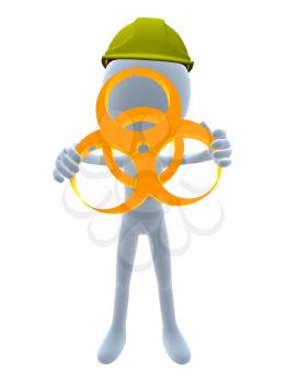 Royalty Free Clipart Image of a 3D Guy Wearing a Hardhat Holding a Hazard Sign