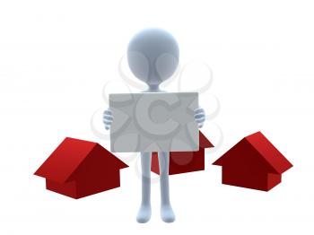 Royalty Free Clipart Image of a 3D Man Holding a Sign Beside Three Red Houses