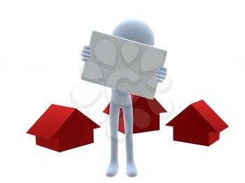 Royalty Free Clipart Image of a 3D Man Holding a Sign Beside Three Red Houses