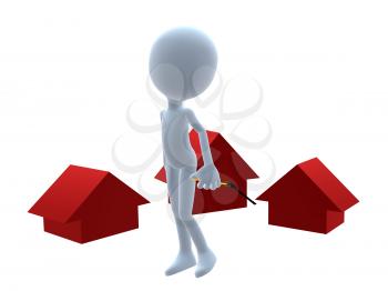 Royalty Free Clipart Image of a 3D Man Holding a Sign Beside Three Red Houses