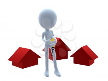 Royalty Free Clipart Image of a 3D Man Holding a Sign Beside Three Red Houses