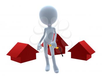 Royalty Free Clipart Image of a 3D Man Holding a Sign Beside Three Red Houses