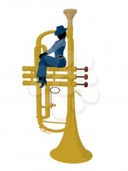 Royalty Free Clipart Image of a Woman on a Large Trumpet