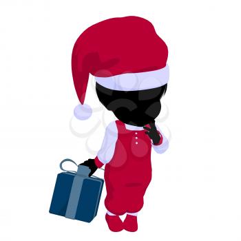 Royalty Free Clipart Image of a Baby Girl in a Santa Costume Holding a Gift