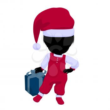 Royalty Free Clipart Image of a Baby Girl in a Santa Costume Holding a Gift