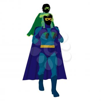 Royalty Free Clipart Image of a Superhero Father and Child