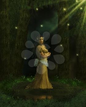 Elvian queen standing in the enchanted forest
