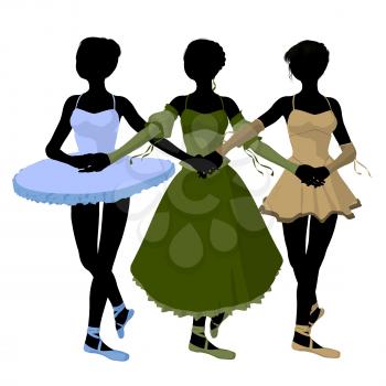 Three ballerinas holding hands on a white background