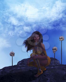 Native american indian kneeling on rocks with skulls behind her