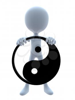 Royalty Free Clipart Image of a 3D Guy Holding a Yin Yang Symbol