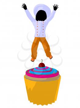 Royalty Free Clipart Image of a Child Chef on a Cupcake