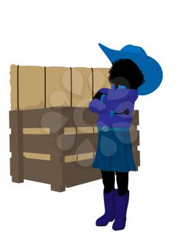 Royalty Free Clipart Image of a Little Cowgirl Beside a Crate