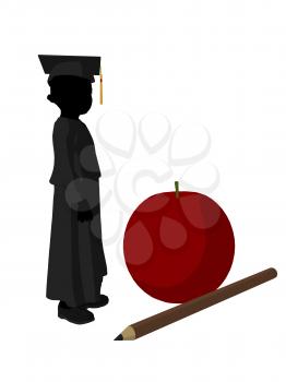 Royalty Free Clipart Image of a Graduate Beside a Large Apple and Pencil